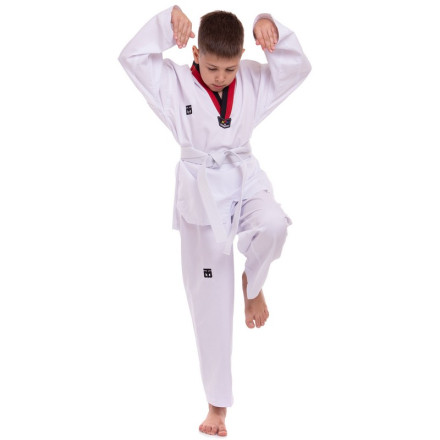 Кімоно для тхеквондо (добок) MTO CO-5630 110-160см білий-чорний-червоний