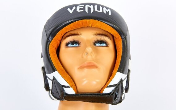 Шлем боксерский открытый с усиленной защитой макушки кожаный Venum BO-6629-Bkw