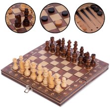 Шахматы, шашки, нарды 3 в 1 деревянные с магнитом W7701H 24см x 24см