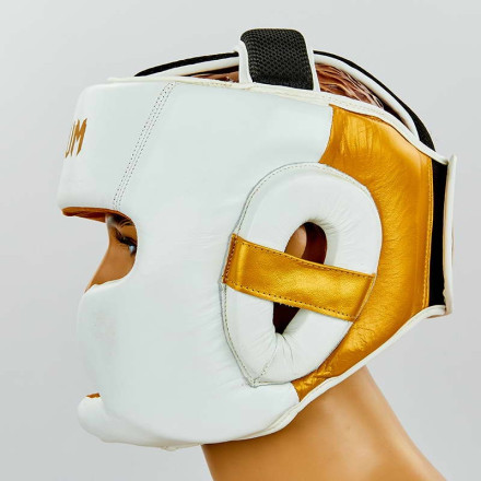 Шолом боксерський з повним захистом шкіряний VENUM ELITE VL-8312-W білий-золотий