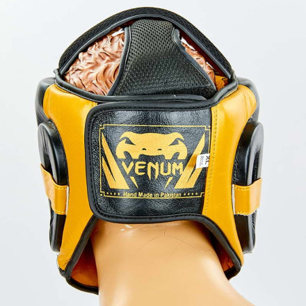 Шолом боксерський з повним захистом шкіряний VENUM ELITE VL-8312-BK чорний-золотий