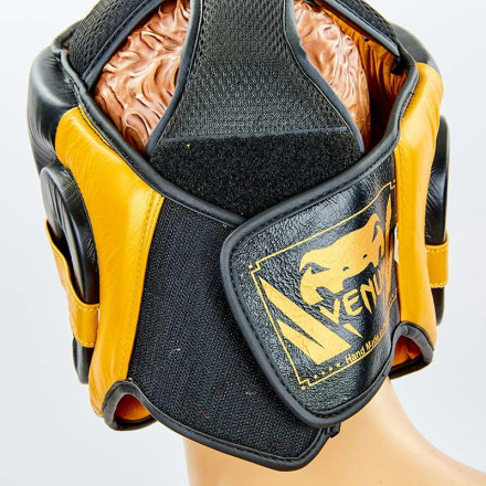 Шолом боксерський з повним захистом шкіряний VENUM ELITE VL-8312-BK чорний-золотий