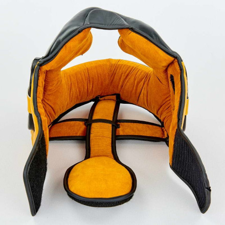 Шолом боксерський з повним захистом шкіряний VENUM ELITE VL-8312-BK чорний-золотий