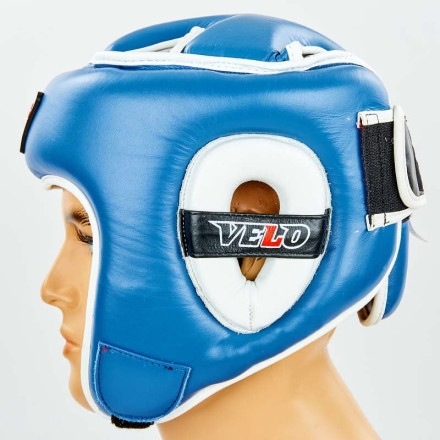 Шолом боксерський відкритий з посиленим захистом верхівки шкіряний VELO VL-8195-B синій