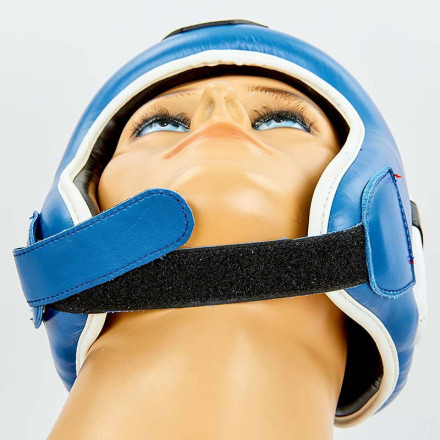 Шолом боксерський відкритий з посиленим захистом верхівки шкіряний VELO VL-8195-B синій